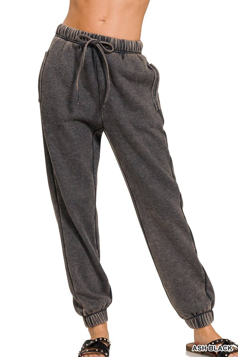 Ash Black Acid Wash Fleece Sweatpants With Pockets
