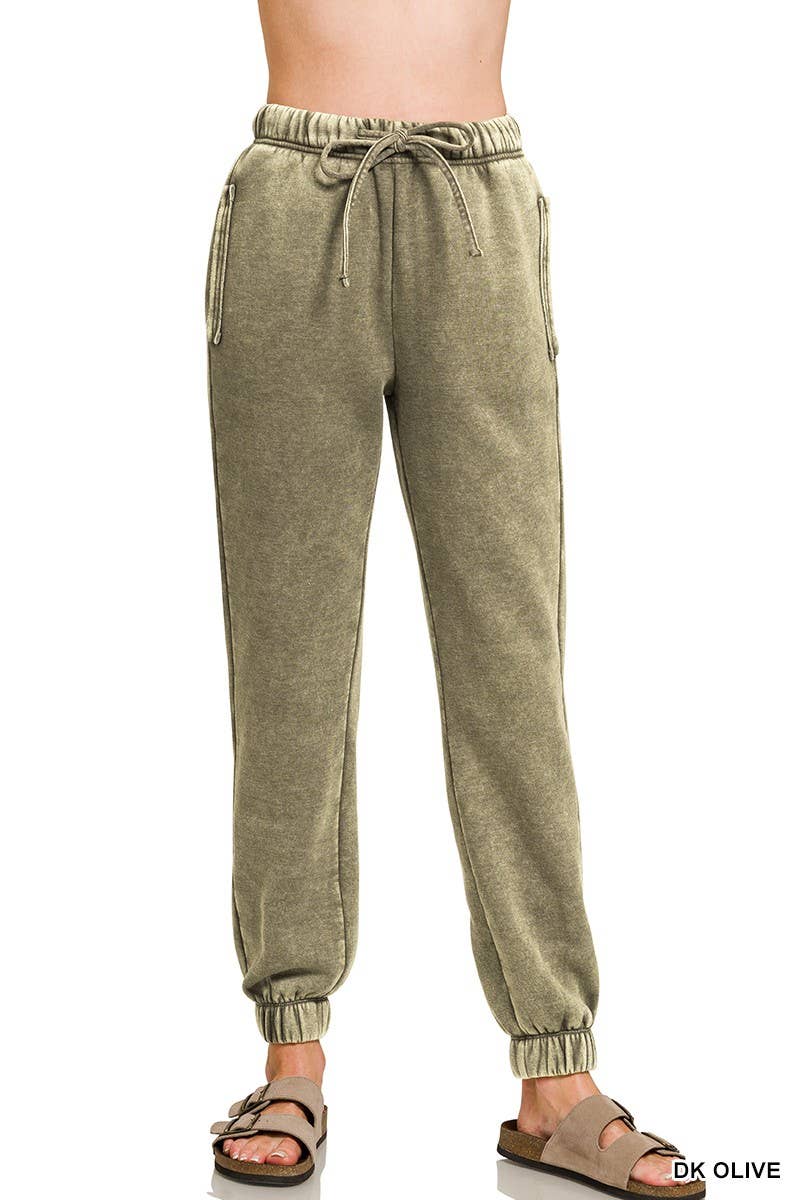 Dark Olive Acid Wash Fleece Sweatpants With Pockets