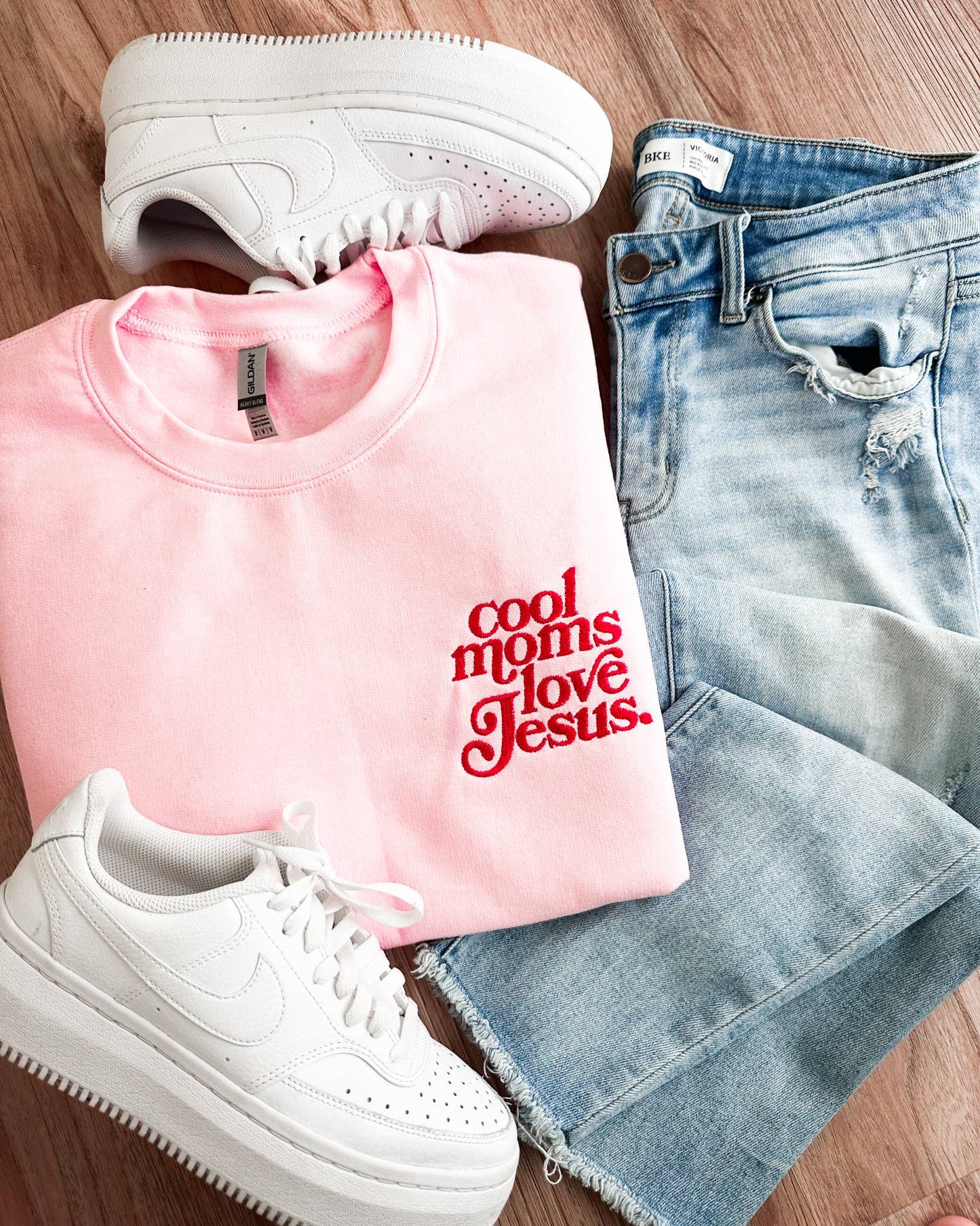Cool Moms Love Jesus Embroidered Crewneck