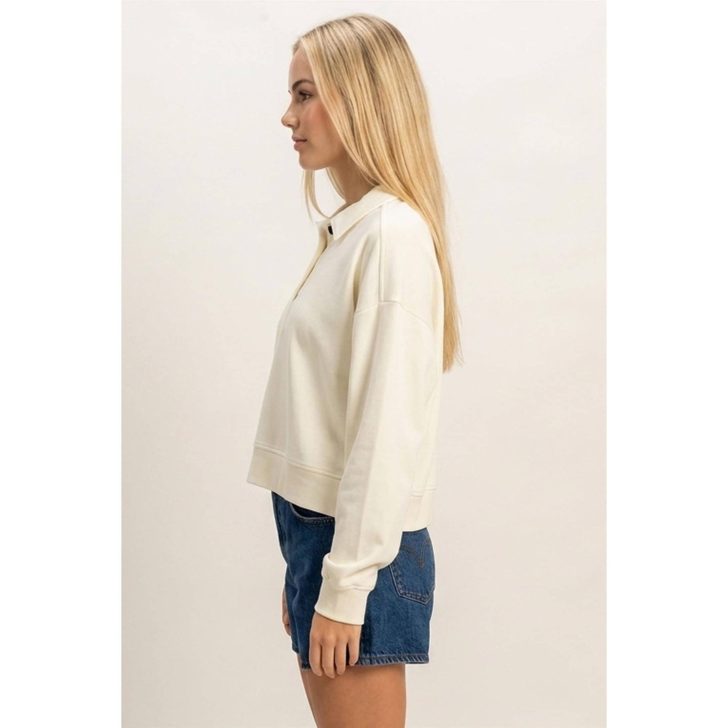 Button Front Collared Cream Sweatshirt