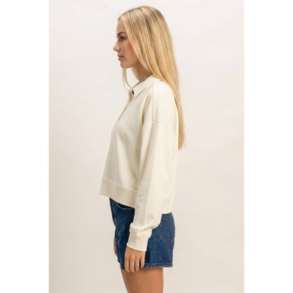 Button Front Collared Cream Sweatshirt