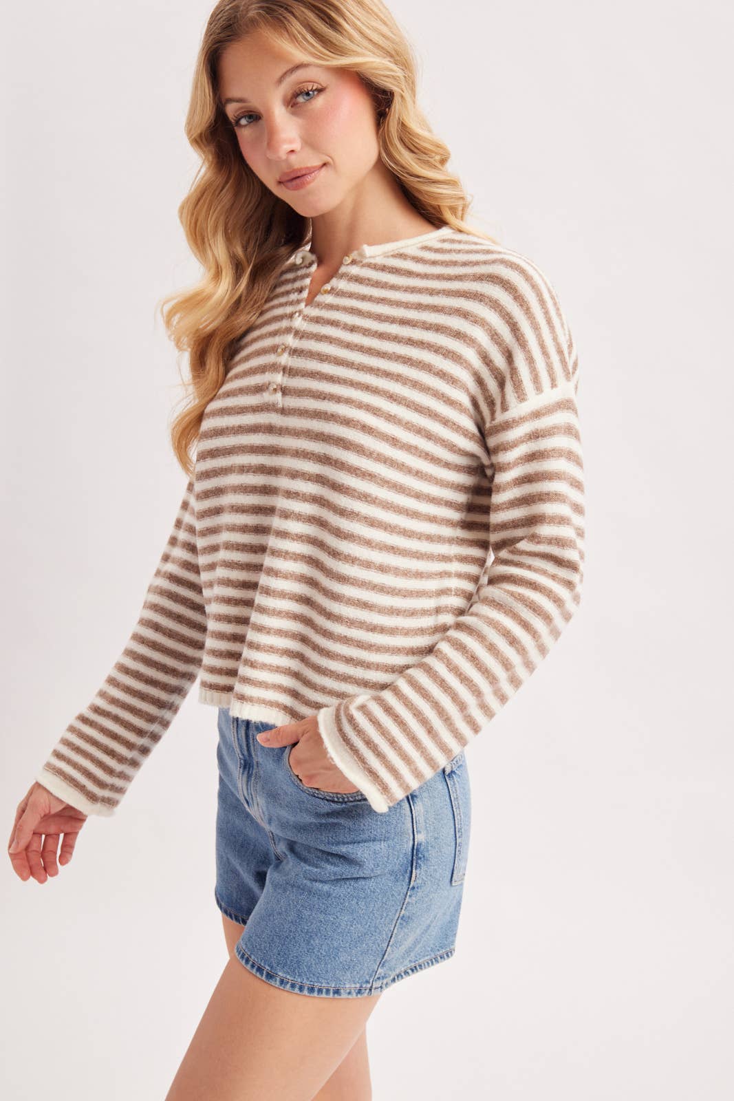 Brown Stripe Henley Knit Pullover