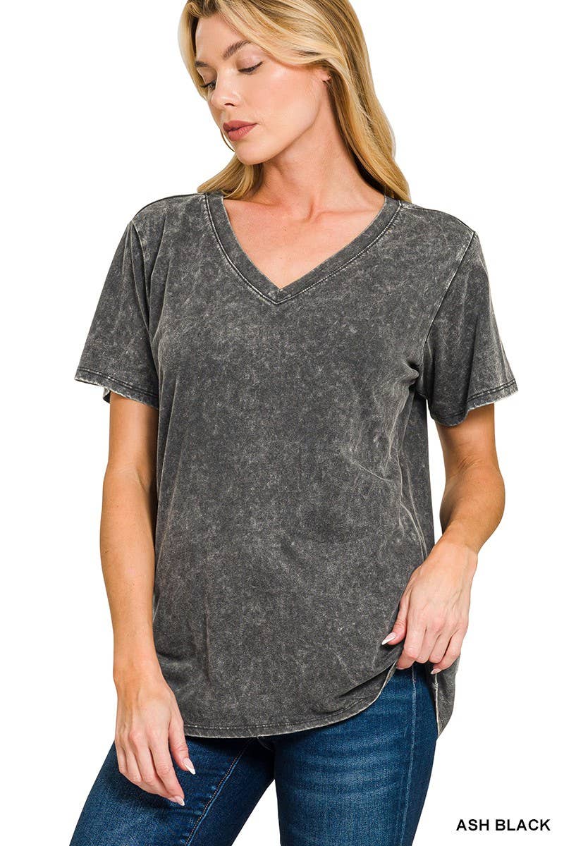 Washed Short Sleeve V-neck Top