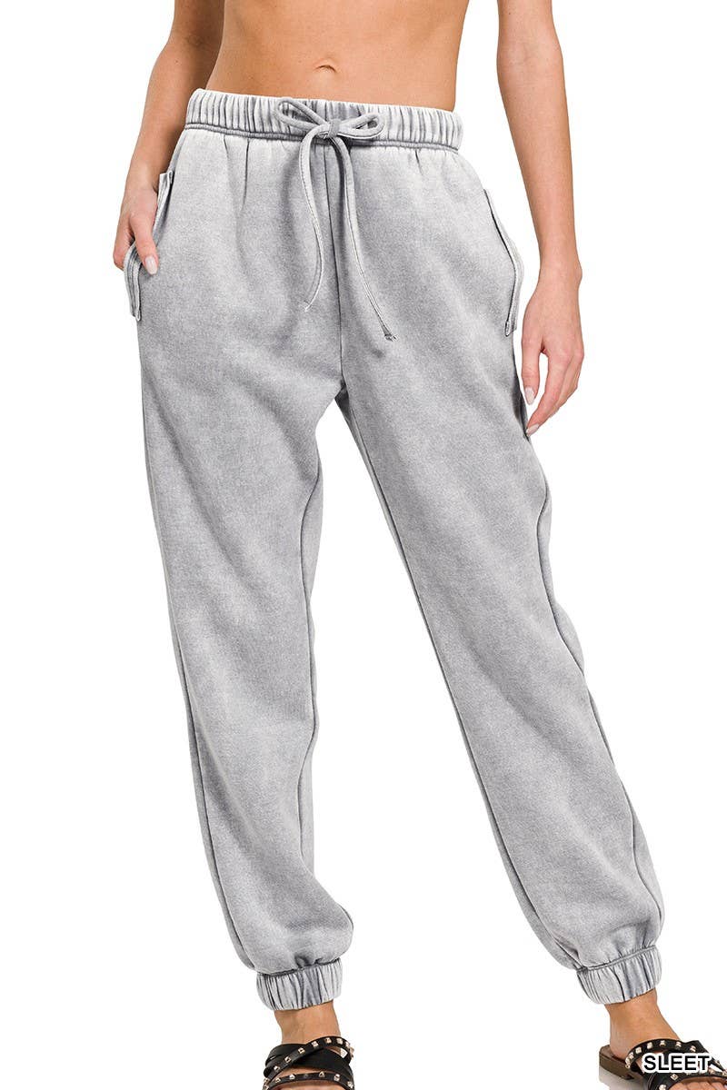 Sleet Grey Acid Wash Fleece Sweatpants With Pockets