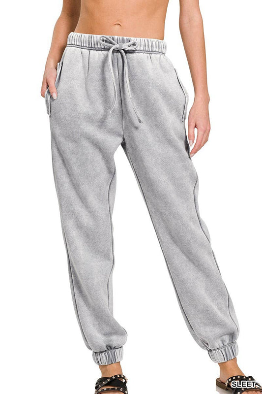 Sleet Grey Acid Wash Fleece Sweatpants With Pockets