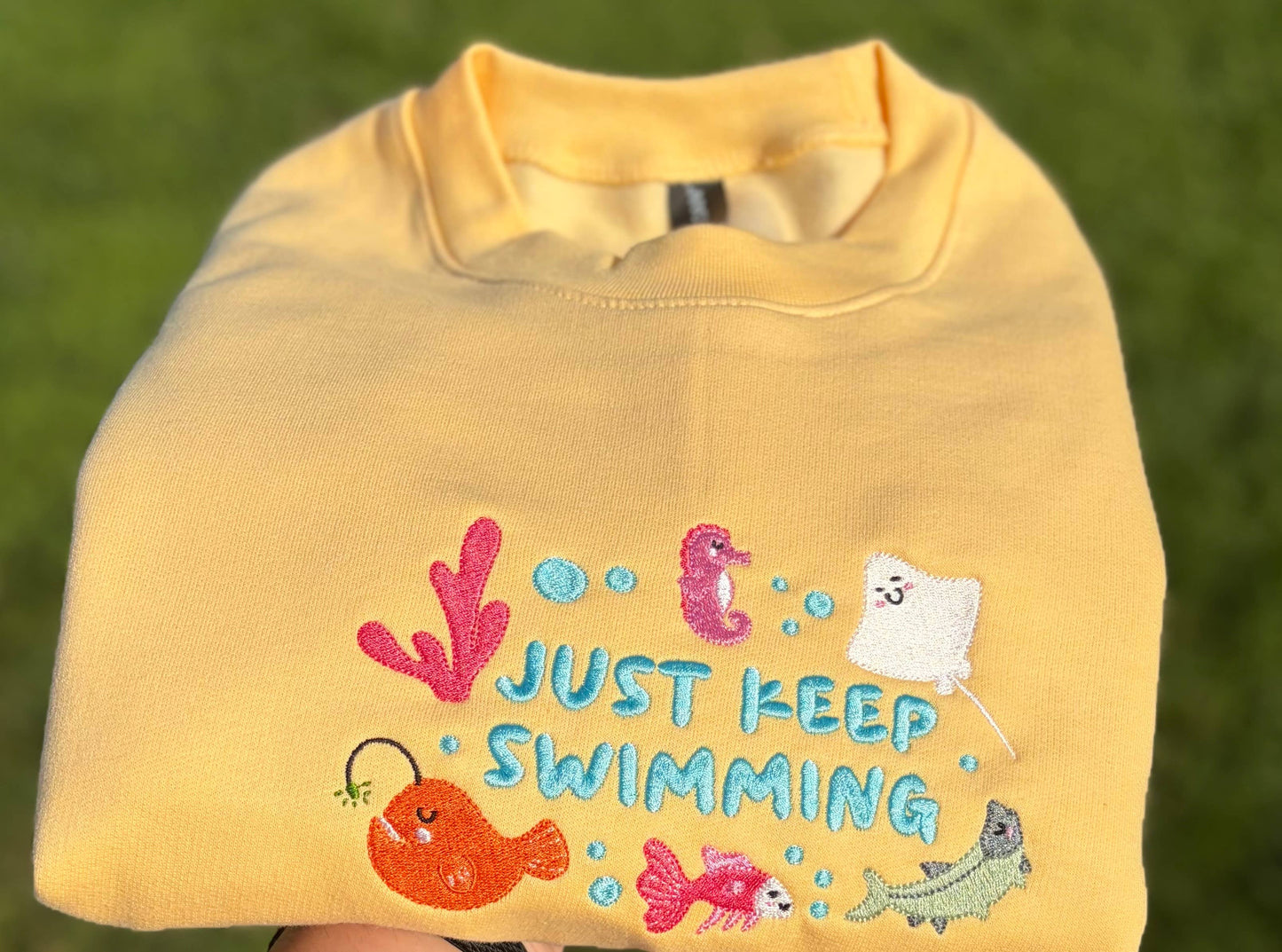 Just Keep Swimming Embroidered Gildan Softstyle Crewneck
