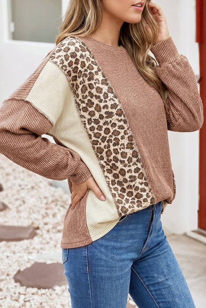 Leopard Print Colorblock Ribbed Knit Blouse