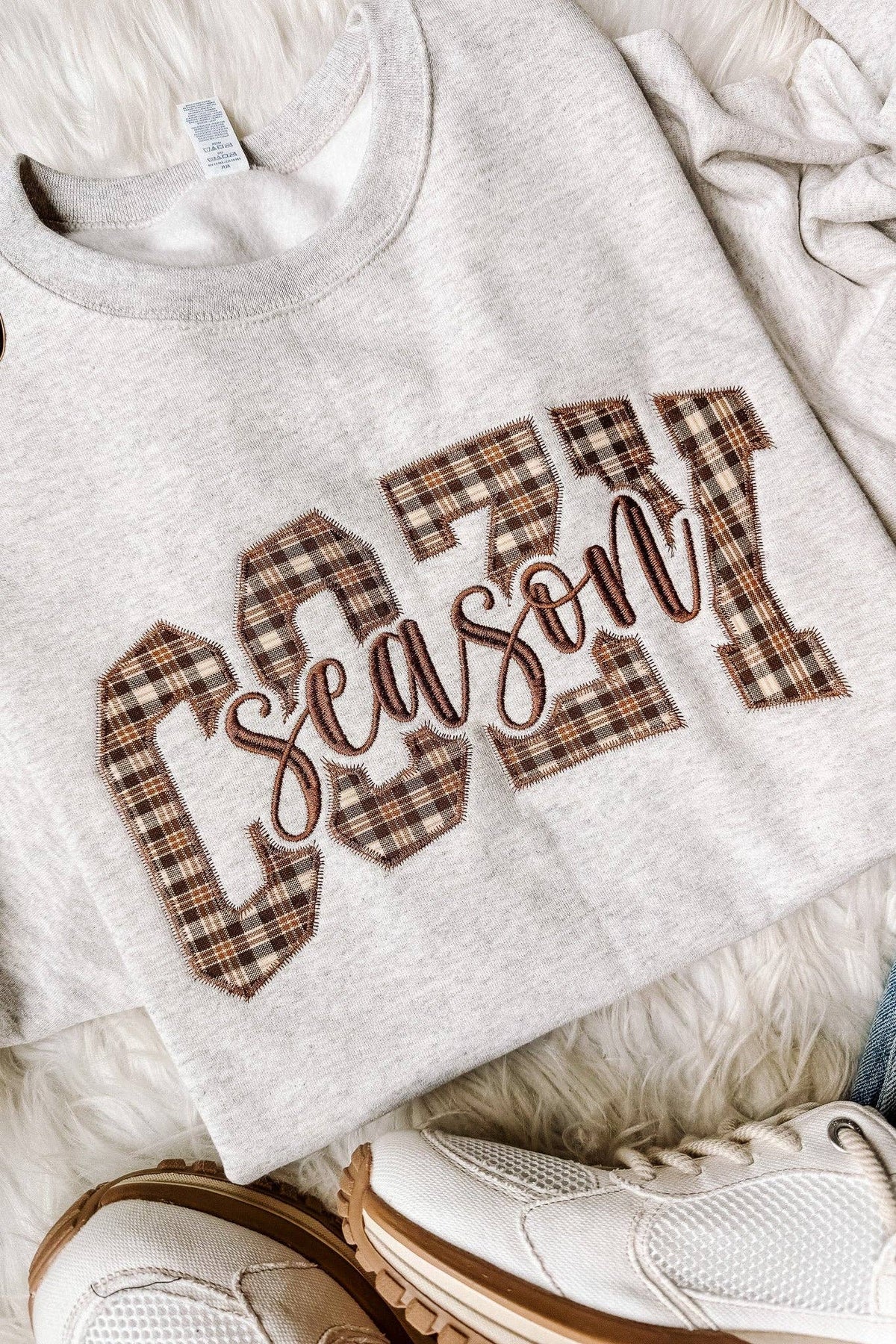 Cozy Season Plaid Embroidered Crewneck