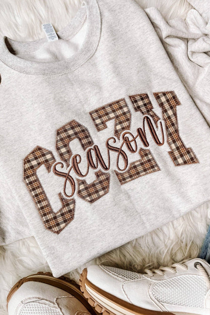 Cozy Season Plaid Embroidered Crewneck