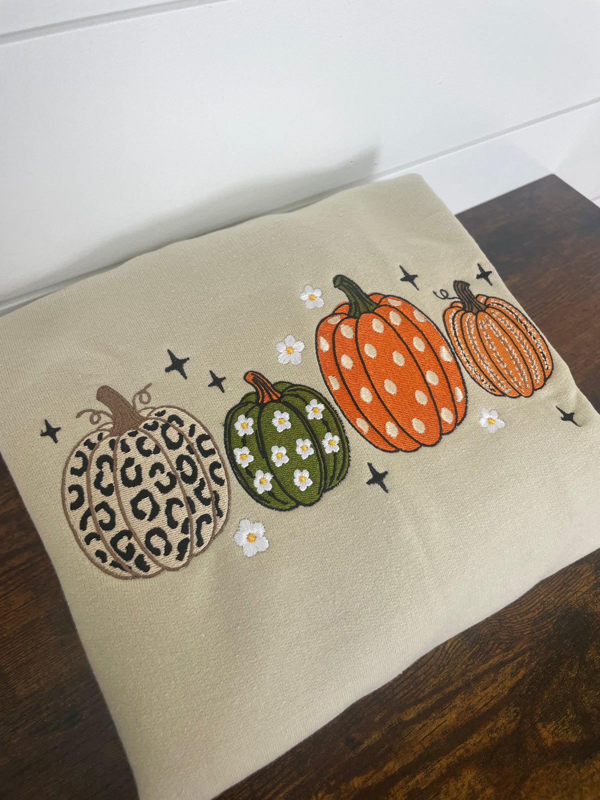 Four Pumpkins Embroidered Fall Crewneck