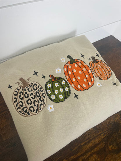 Four Pumpkins Embroidered Fall Crewneck