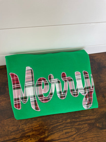 Green Merry Plaid Embroidered Crewneck