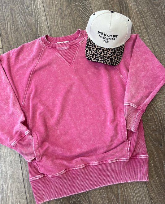 Pink Acid Wash Pullover with Pockets