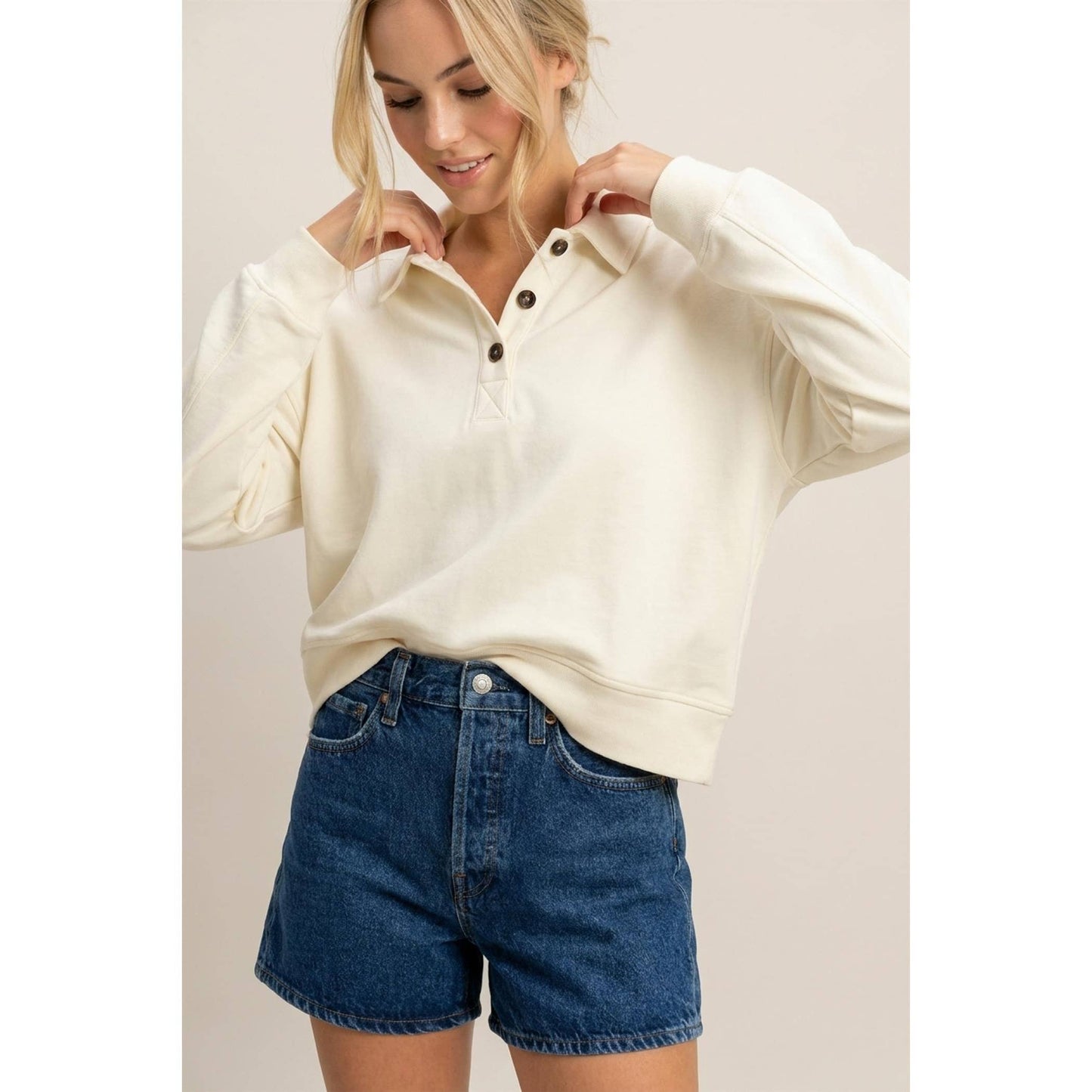 Button Front Collared Cream Sweatshirt