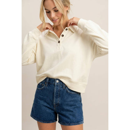 Button Front Collared Cream Sweatshirt