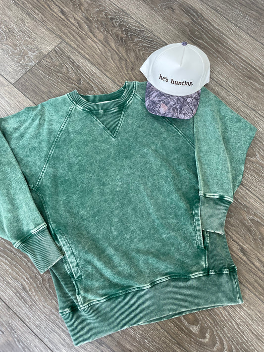 Acid Wash Green Pullover with Pockets