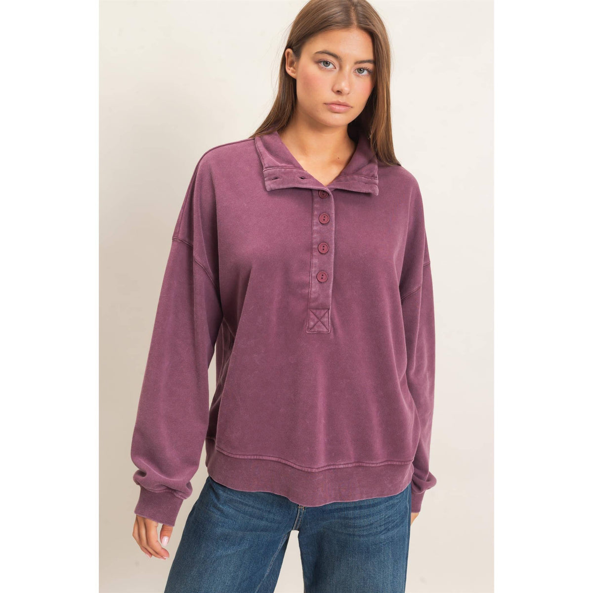 Mineral Wash Button Sweatshirt Purple