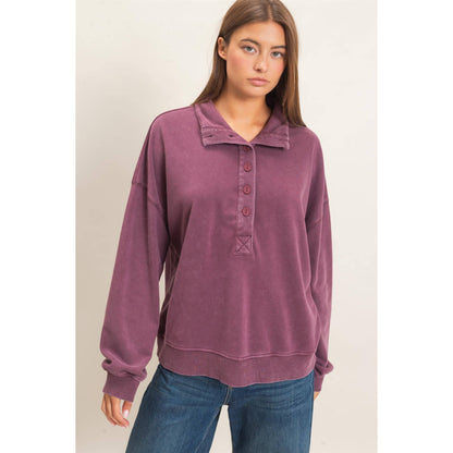 Mineral Wash Button Sweatshirt Purple