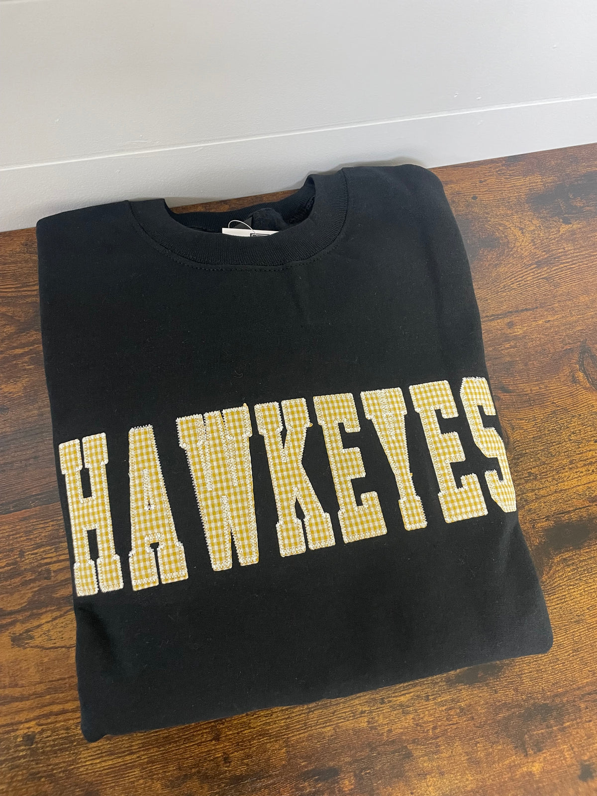 Hawkeyes Yellow Gingham Embroidered Black Crewneck