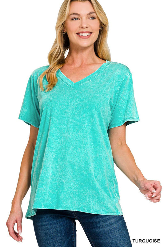 Washed Short Sleeve V-neck Top