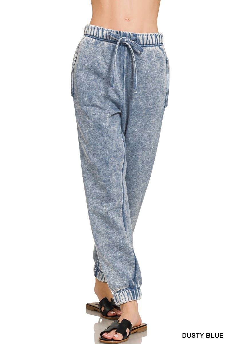 Dusty Blue Acid Wash Fleece Sweatpants With Pockets