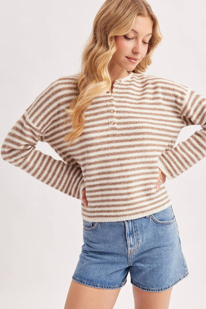 Brown Stripe Henley Knit Pullover