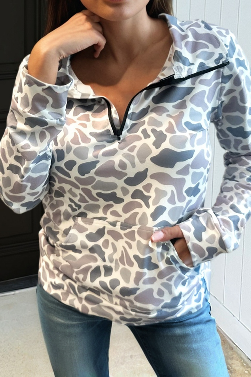 Camouflage Kangaroo Pocket Zip Pullover Quarter Zip