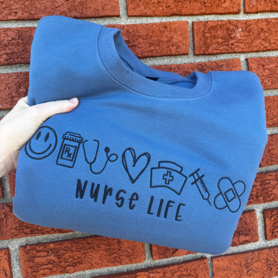Blue Embroidered Nurse Life Crewneck
