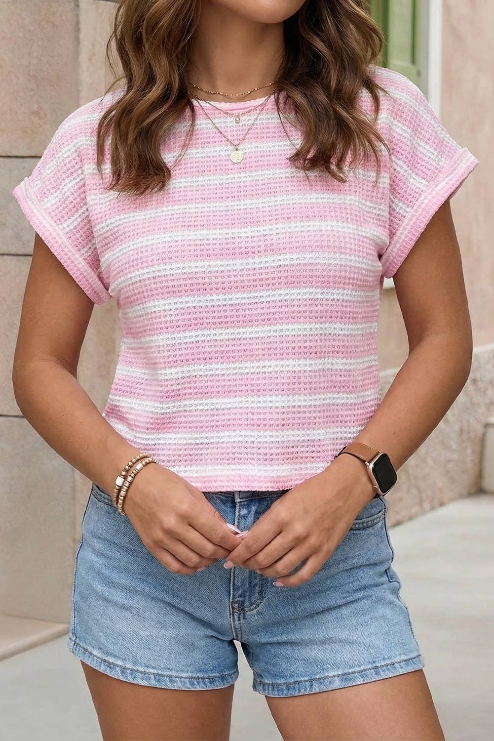 Pink Striped Waffle Knit Top