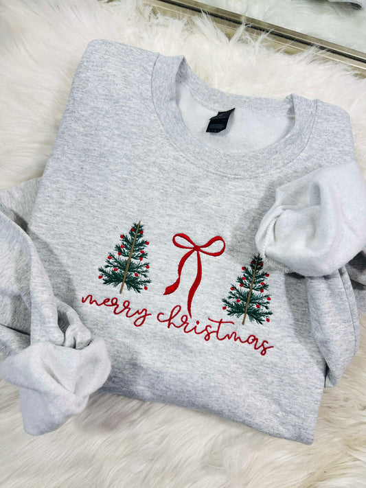 Merry Christmas Bow Trees Embroidered Crewneck