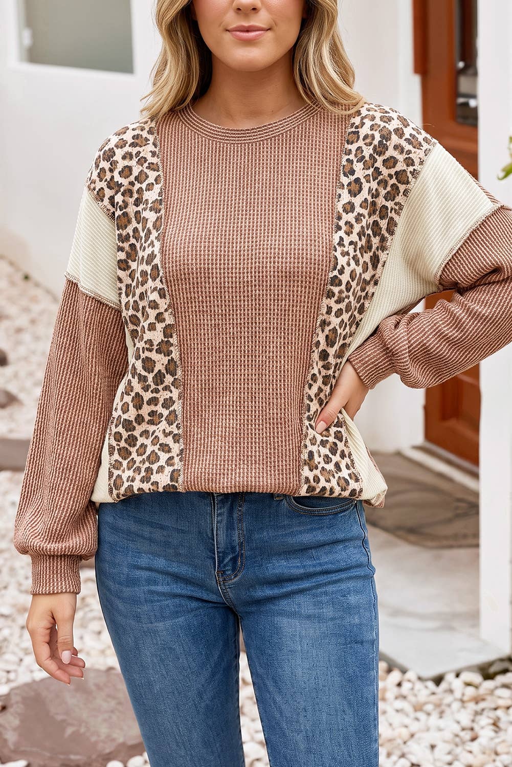Leopard Print Colorblock Ribbed Knit Blouse