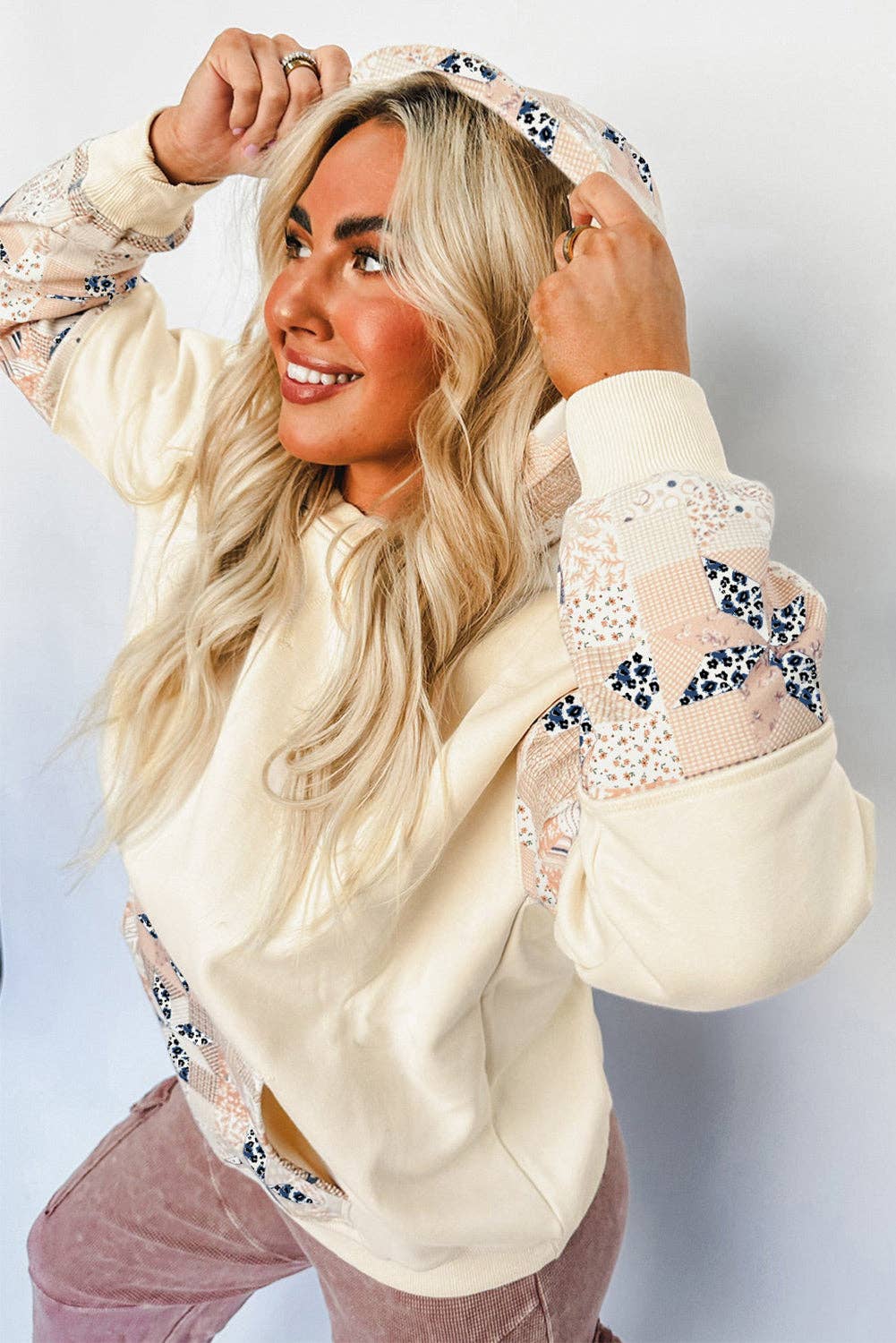 Beige Western Geo Pattern Patchwork Hoodie with Kangaroo Pocket