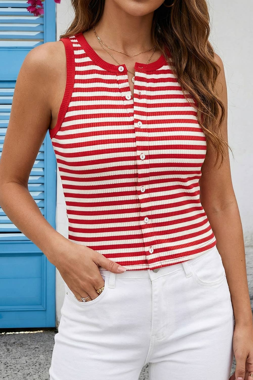 Buttoned Ribbed Knit Tank Top