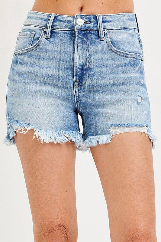 High Rise Distressed Washed Side Slit Jean Shorts