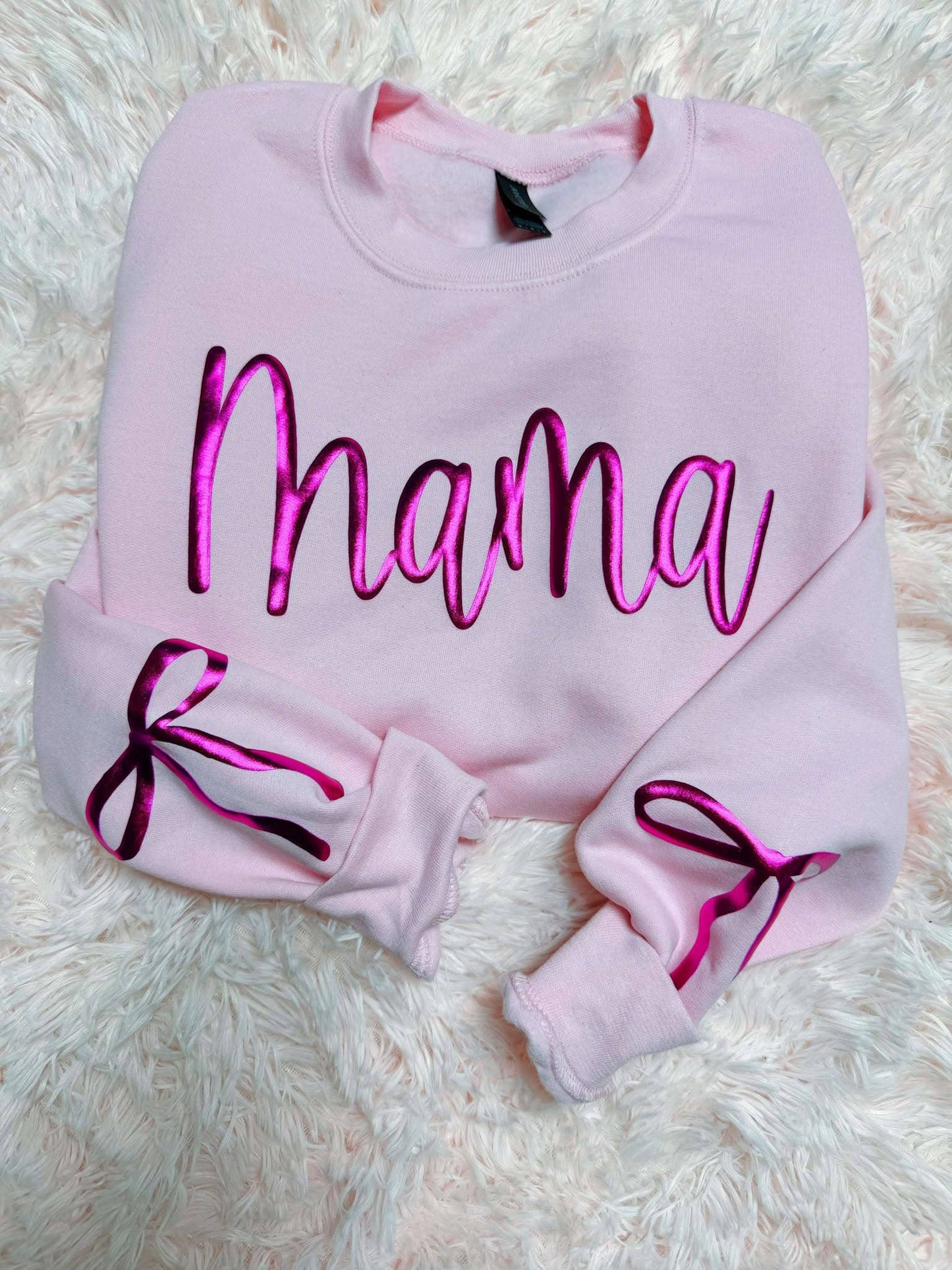 Mama Cursive Metallic Bow Sleeve Puff Sweatshirt
