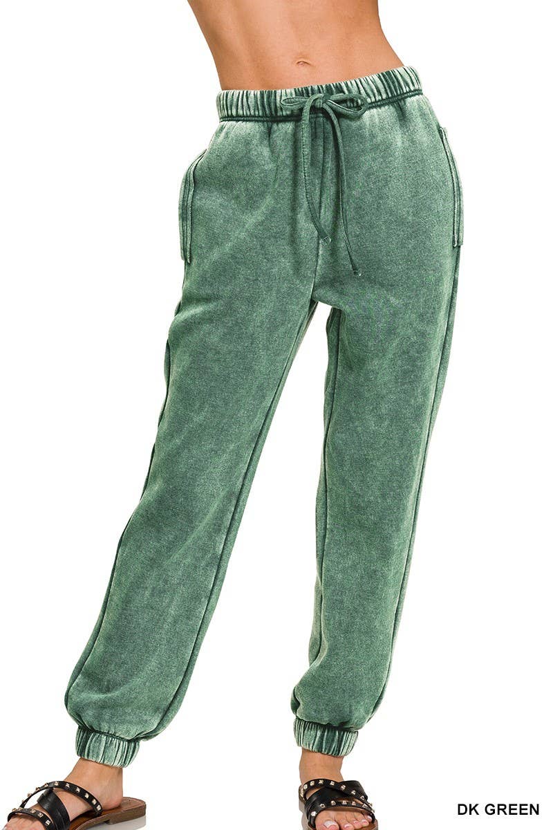 Green Acid Wash Fleece Sweatpants With Pockets
