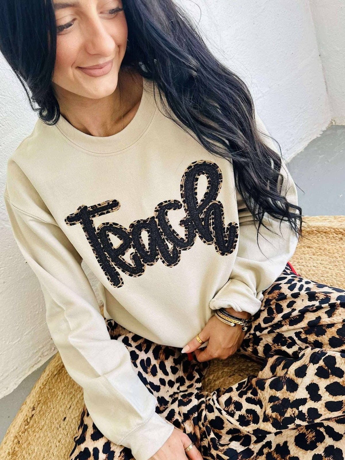 Teach Animal/Leopard Embroidered Crewneck