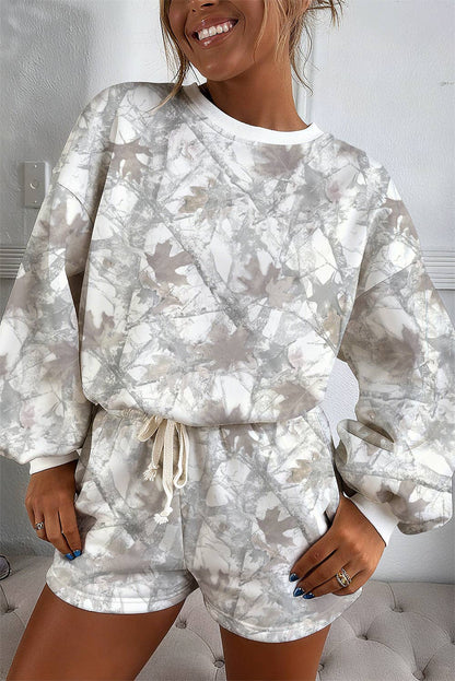 Camo Print Pullover Drawstring Shorts Set