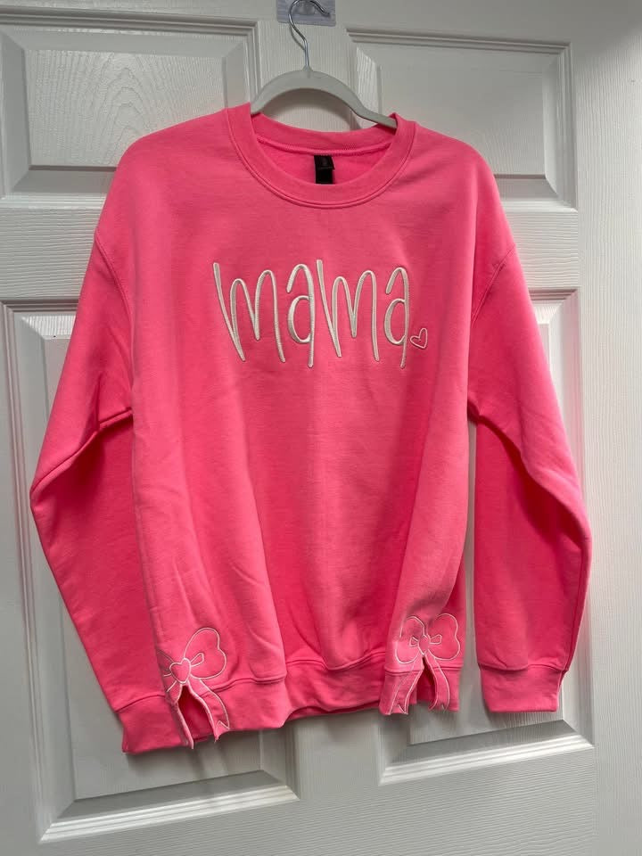 Pink Mama Side Bows Embroidered Crewneck