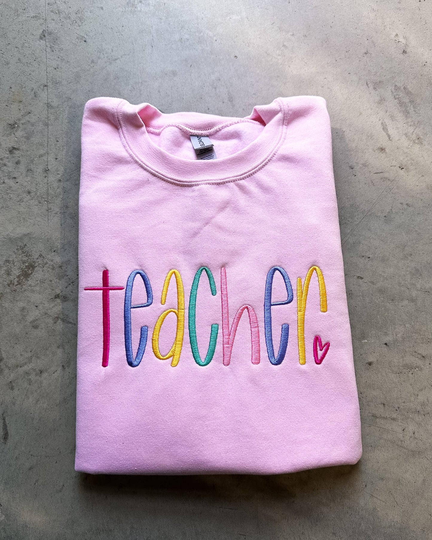 Pink Teacher Rainbow Embroidered Crewneck