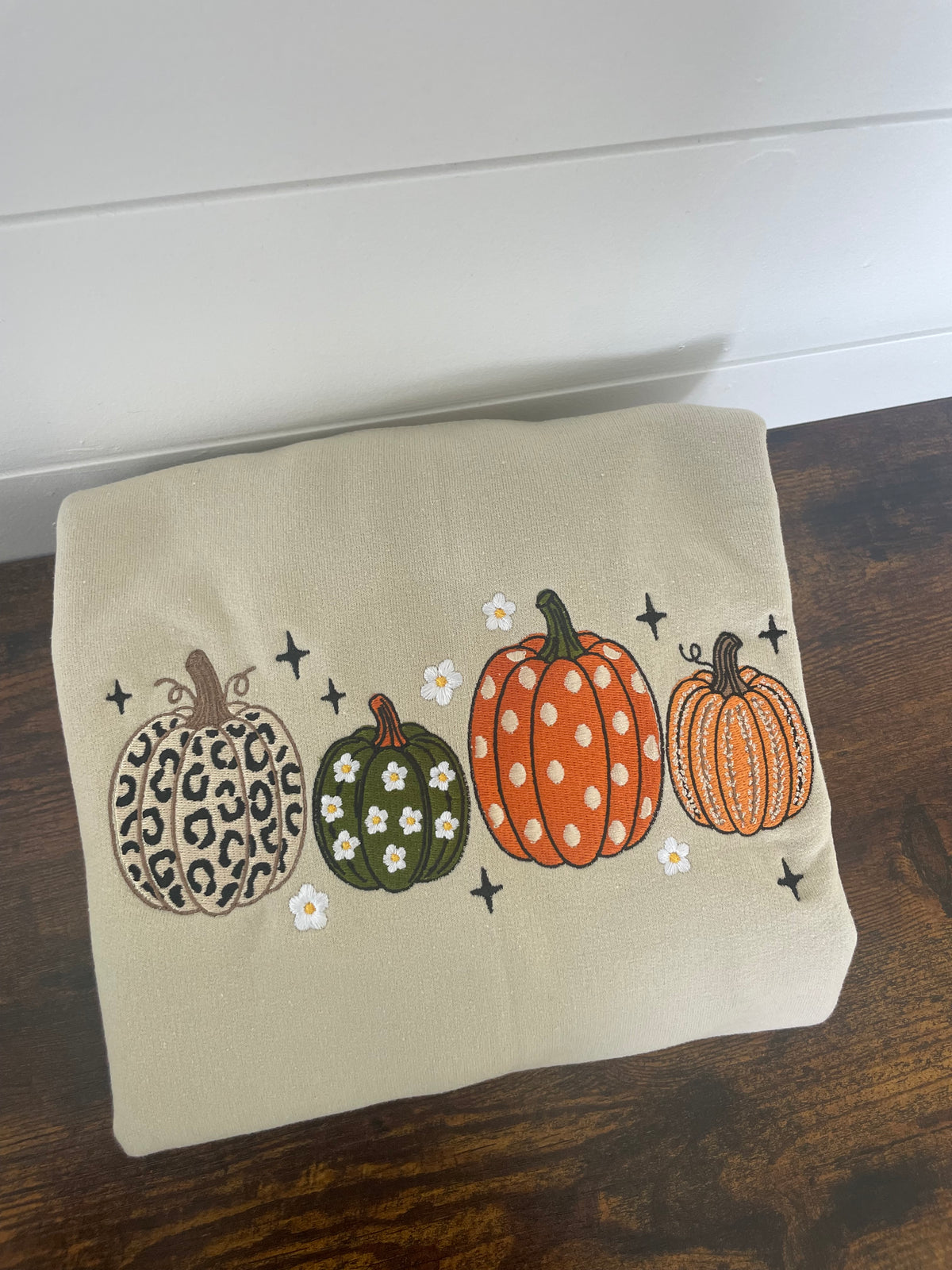 Four Pumpkins Embroidered Fall Crewneck
