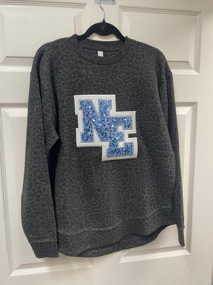 NE Sequins Black Animal/Leopard Embroidered Crewneck