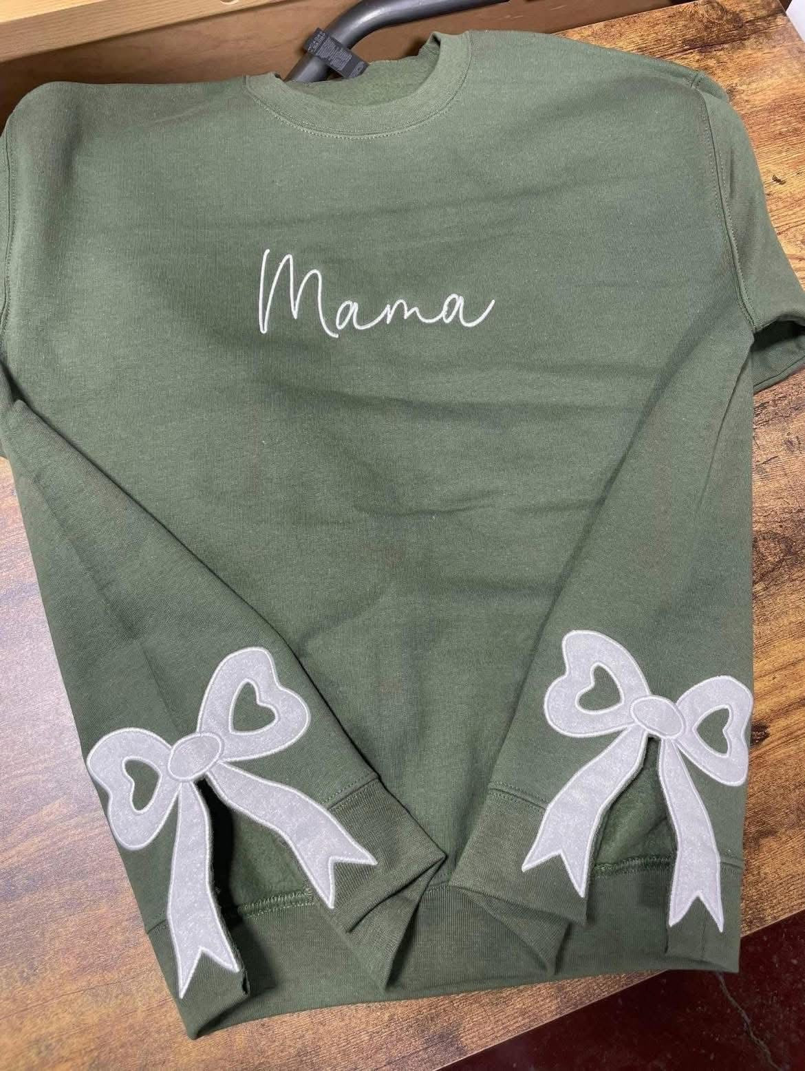 Green Mama with Side Bows Embroidered Crewneck