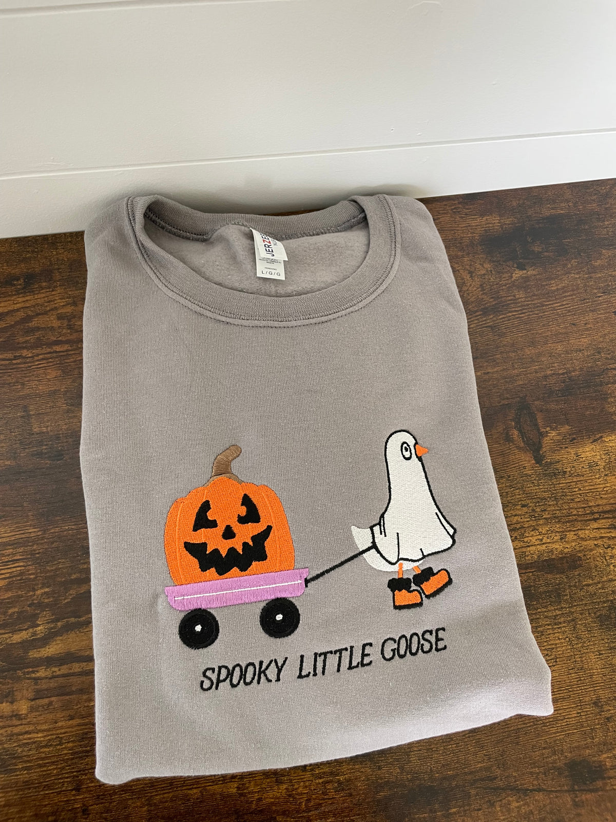 Spooky Little Goose Embroidered Grey Crewneck