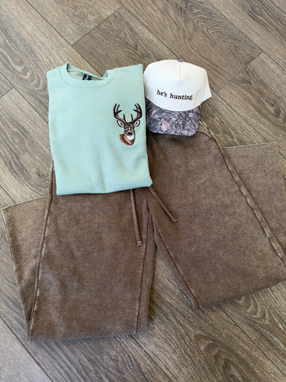 Sage Green Deer Embroidered Crewneck