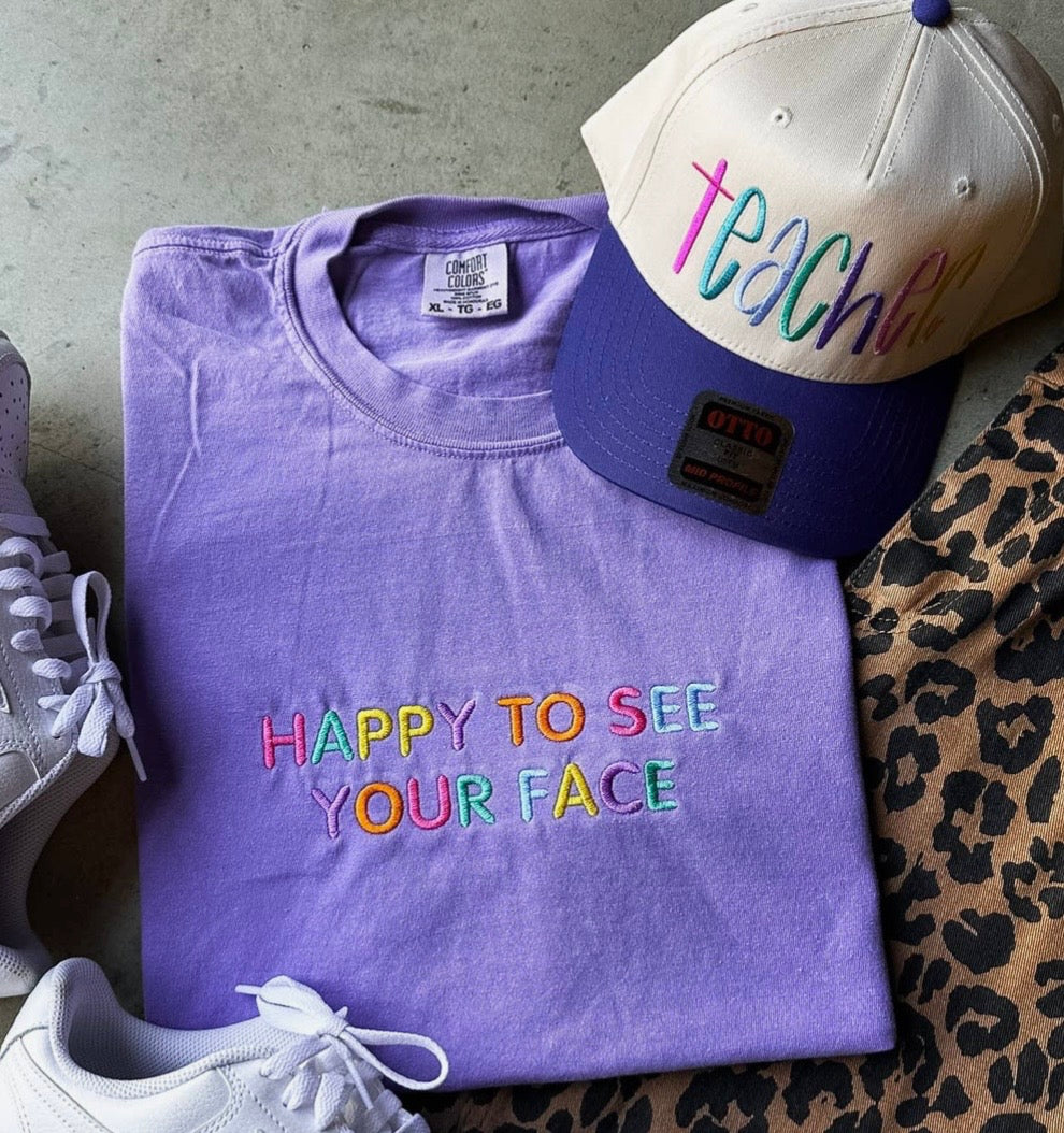 Lavender Happy to See Your Face Embroidered Shirt