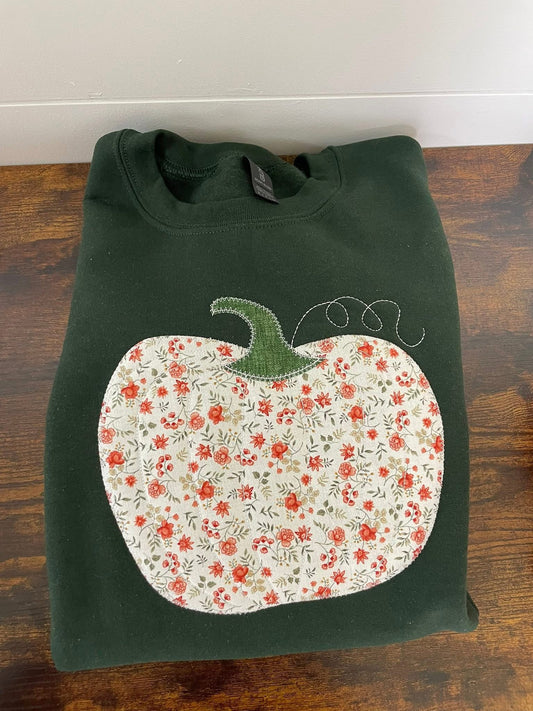 Green Pumpkin Floral Embroidered Crewneck