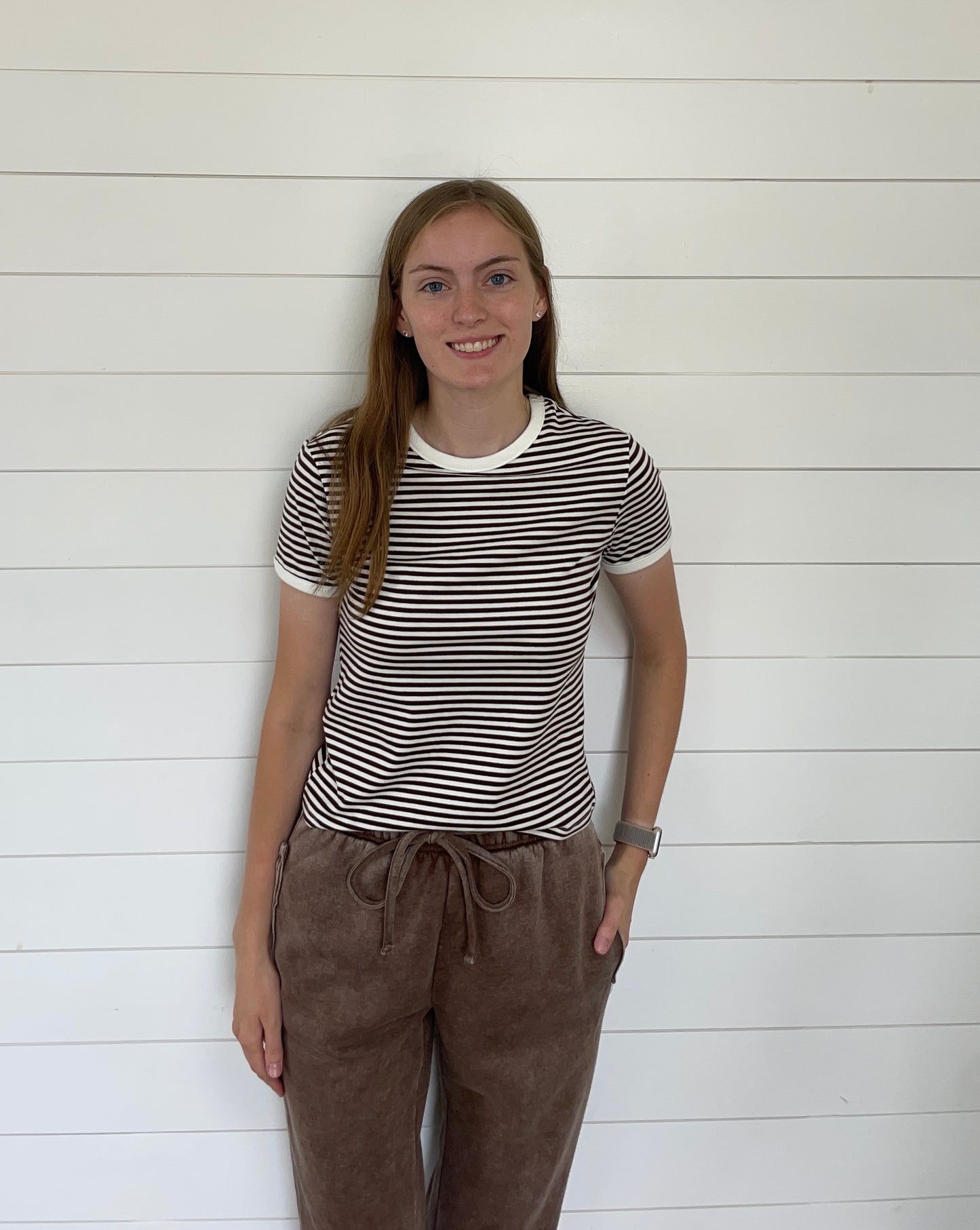 Brown Striped Contrast Trim Tee