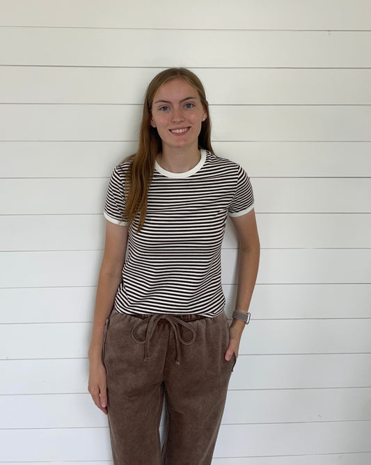 Brown Striped Contrast Trim Tee