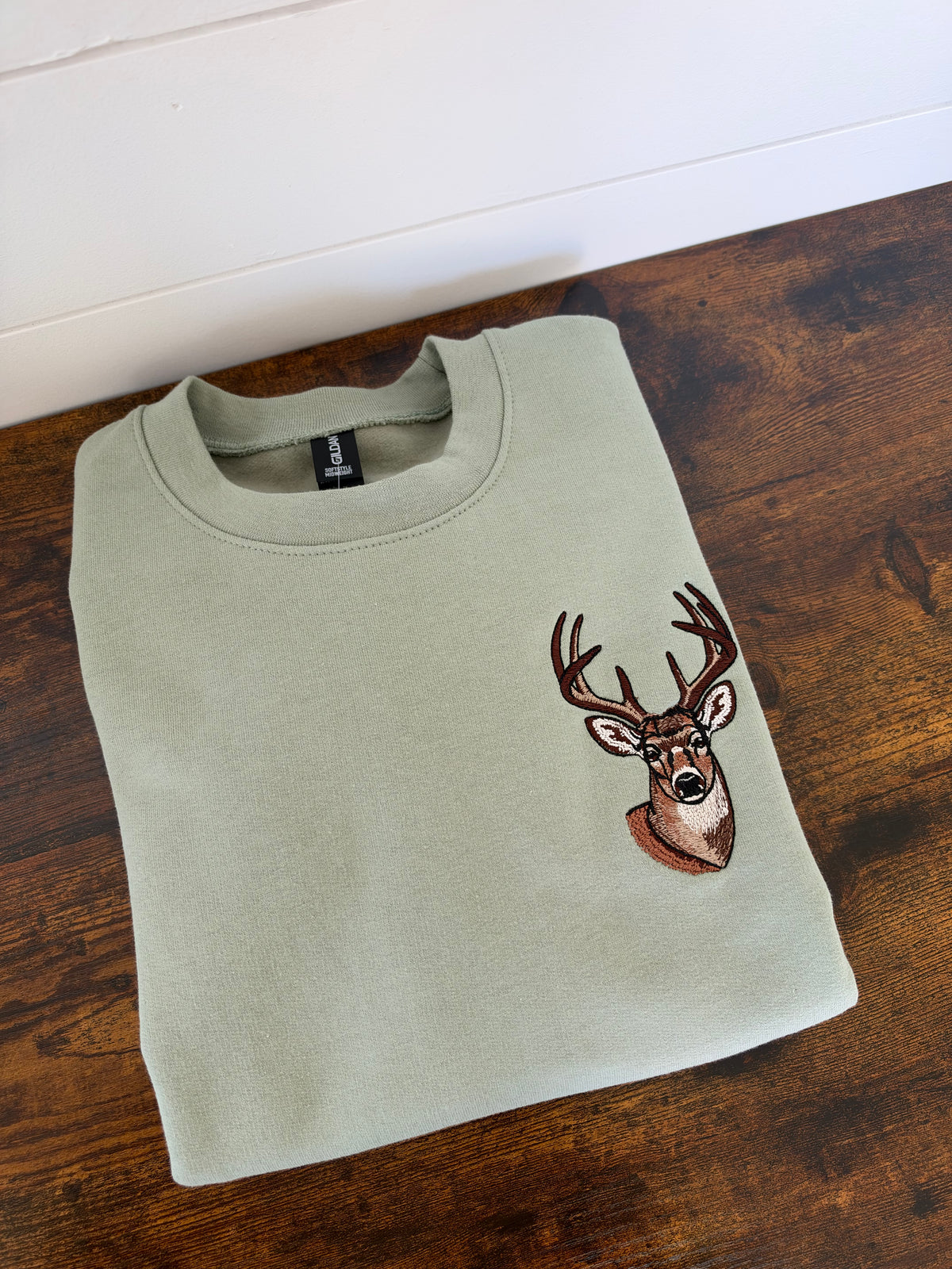 Sage Green Deer Embroidered Crewneck